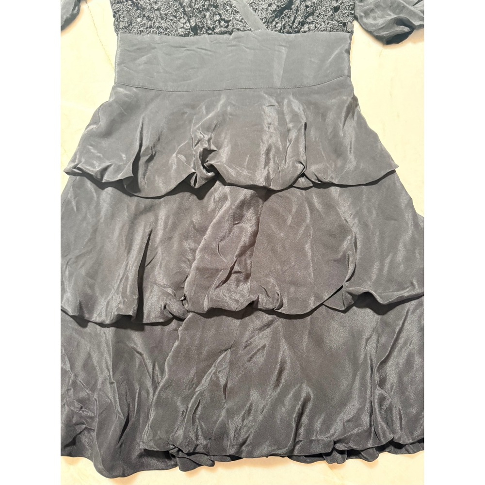 bebe Black Lace Crochet Silk Tiered Ruffle Mini Dress Puff Sleeve Womens Size XS - Picture 2 of 16
